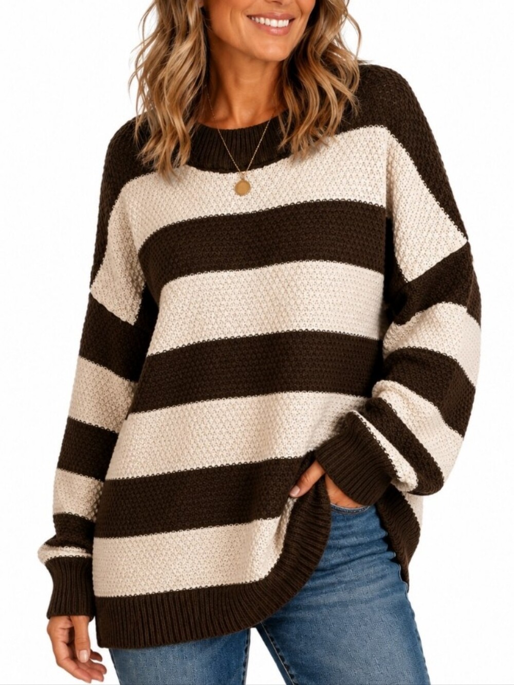 Zenana Brown Cream Striped Knit Sweater Large Long Sleeve Oversized Coastal - Picture 2 of 15